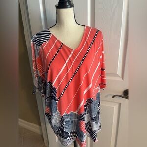 Chico’s Coral and Navy Women's Top Open Sleeve with faux tie. Sz 3 , XL or 16